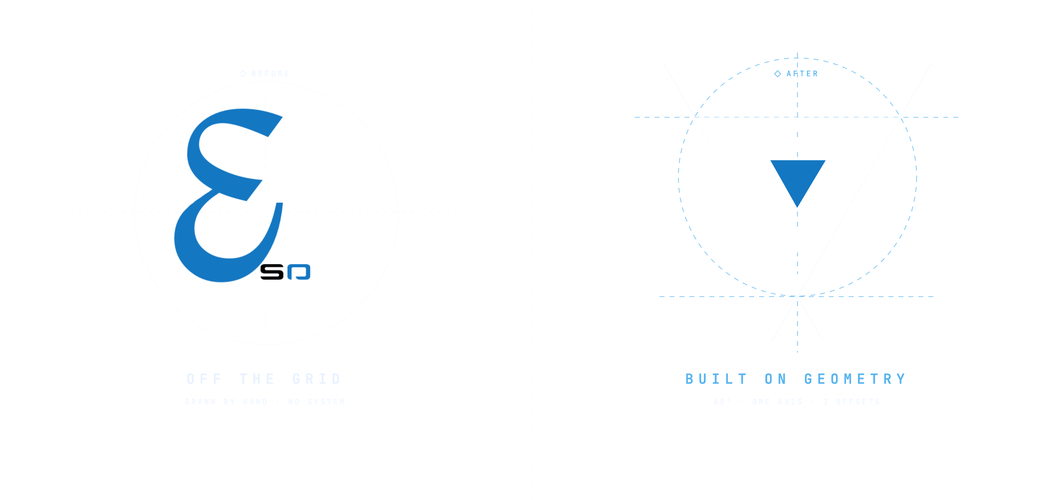 The Esotech mark from outline to completed blue geometry